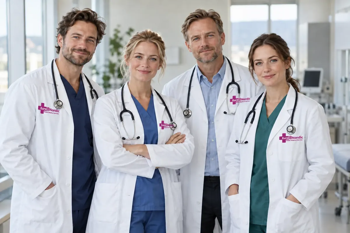 Imagen ilustrativa de cuatro profesionales médicos, dos mujeres y dos hombres