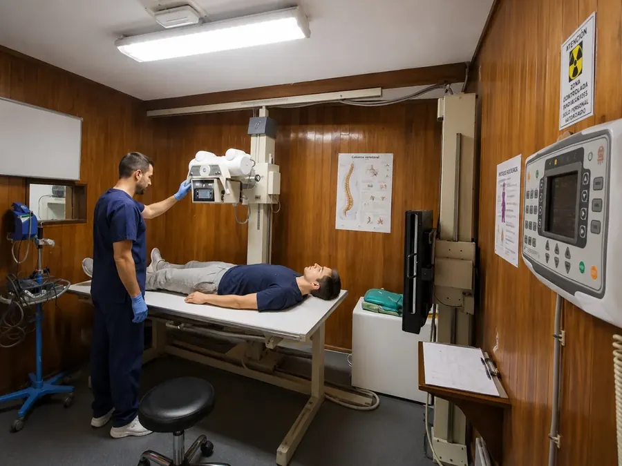 Sala de radiografías con profesional sanitario y paciente